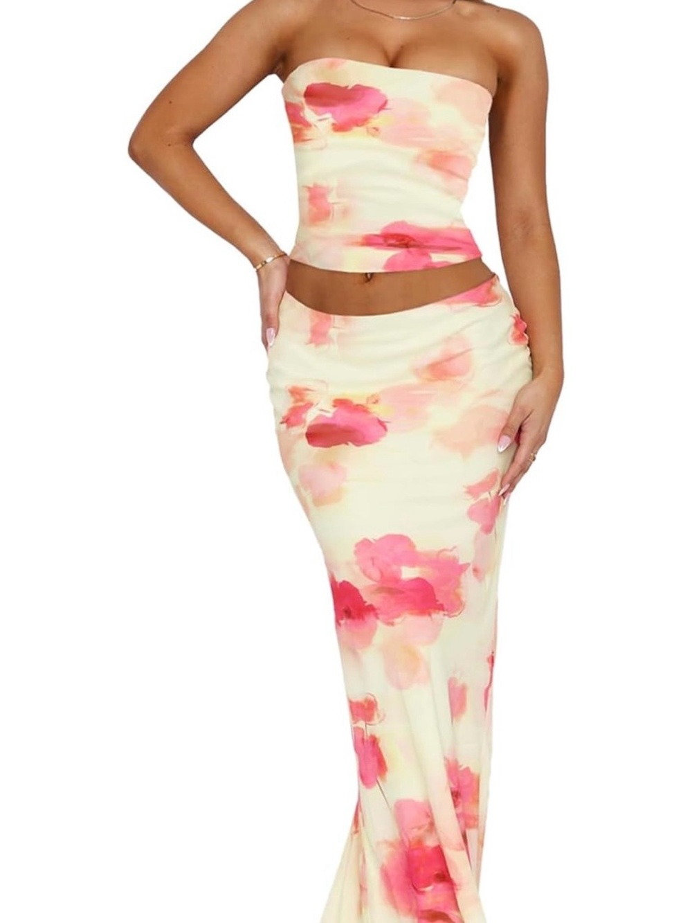 Floral Pink Watercolor Maxi Skirt Set - Women's Skirt Set